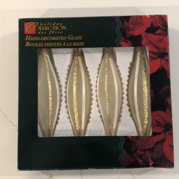 Hand decorated vintage icicle Christmas  tree ornaments set (4) gold with ribbon - Picture 1 of 6